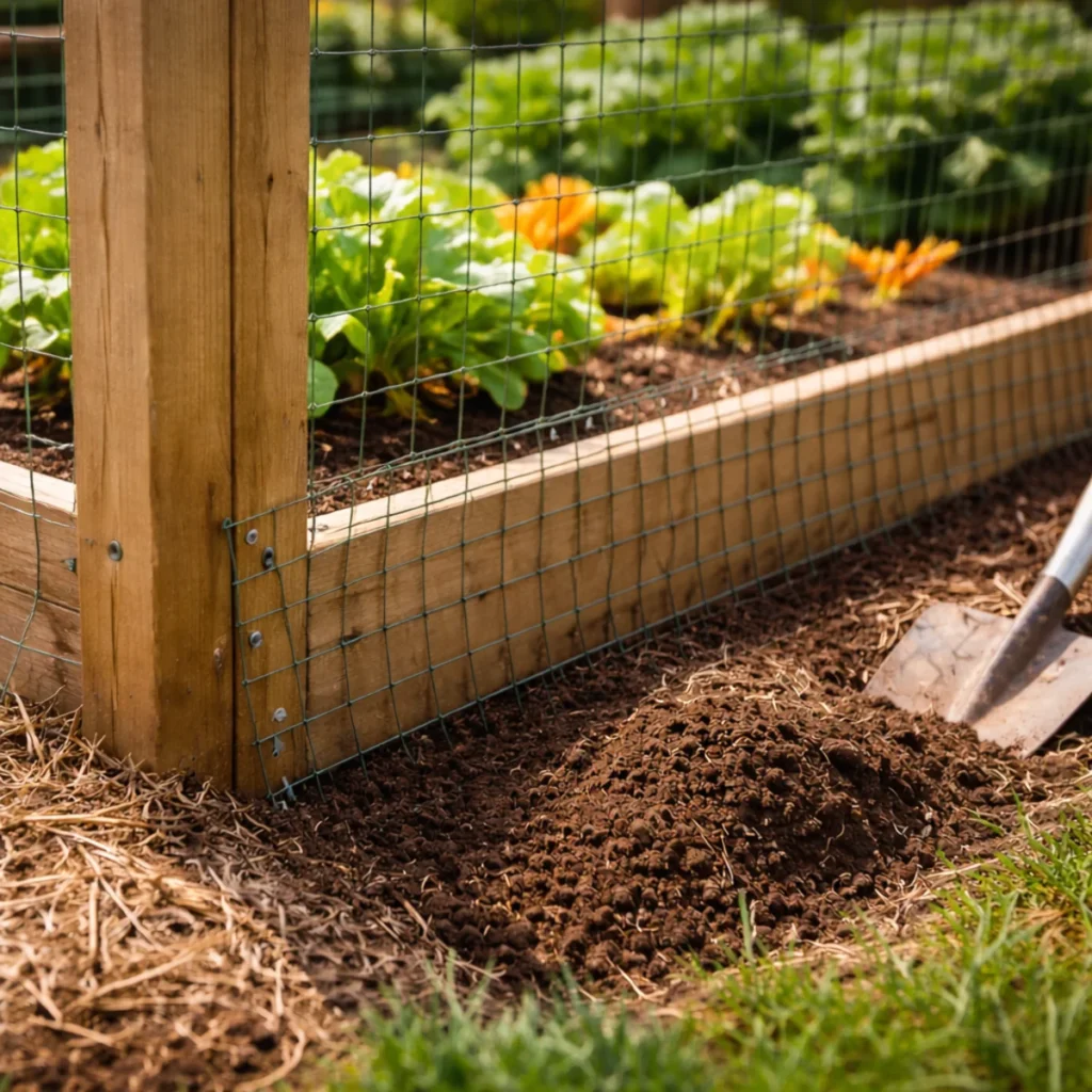 Zbliżenie na montaż siatki przy ziemi w ogrodzeniu ogródka warzywnego