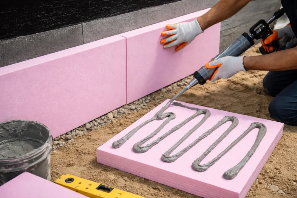 Montaż płyt XPS przy fundamencie domu z użyciem kleju do termoizolacji