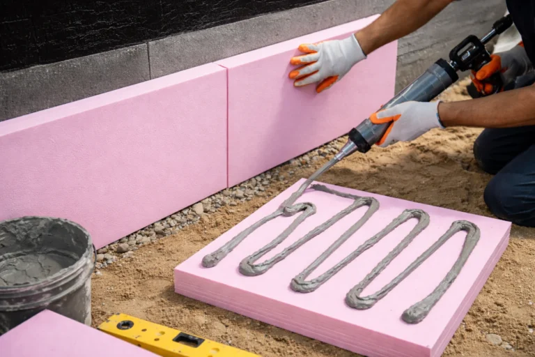 Montaż płyt XPS przy fundamencie domu z użyciem kleju do termoizolacji