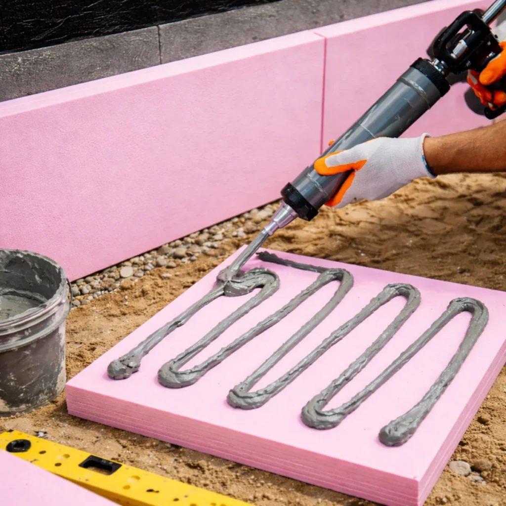 Zbliżenie na nakładanie kleju na płytę XPS przed montażem przy fundamencie