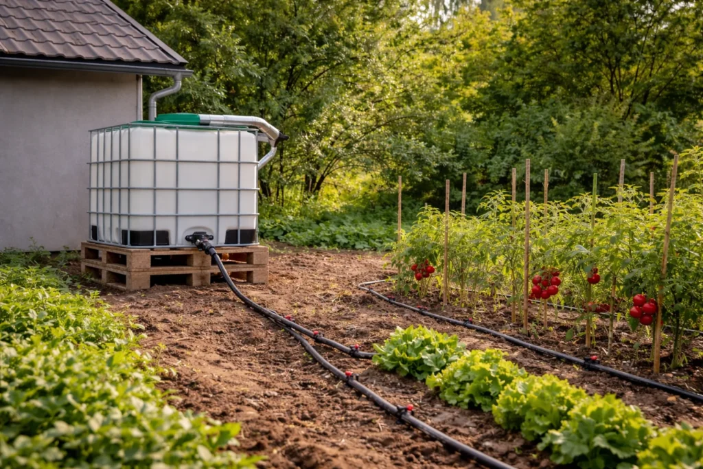 Nawadnianie kropelkowe z mausera ustawionego przy garażu i podłączonego do rynny dachowej
