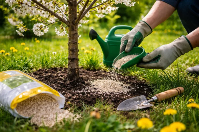 Nawożenie wiśni na wiosnę wokół pnia kwitnącego drzewa w ogrodzie