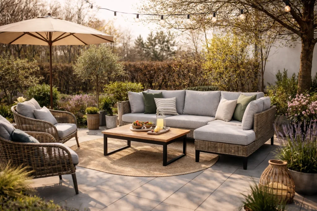 Nowoczesne meble ogrodowe na tarasie w słoneczny wiosenny dzień