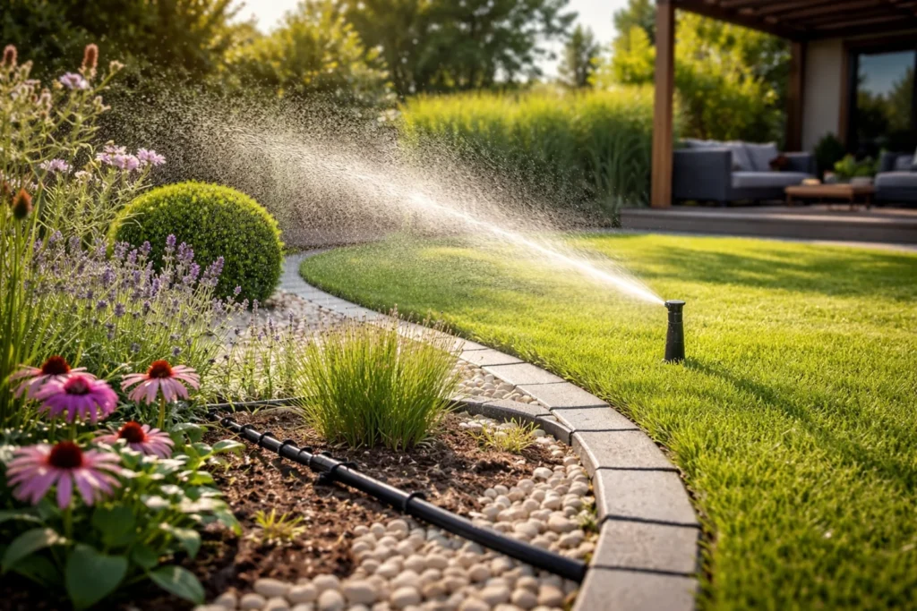Nowoczesne nawadnianie ogrodu z ukrytymi rurami, zraszaczem wynurzalnym i linią kroplującą przy rabacie