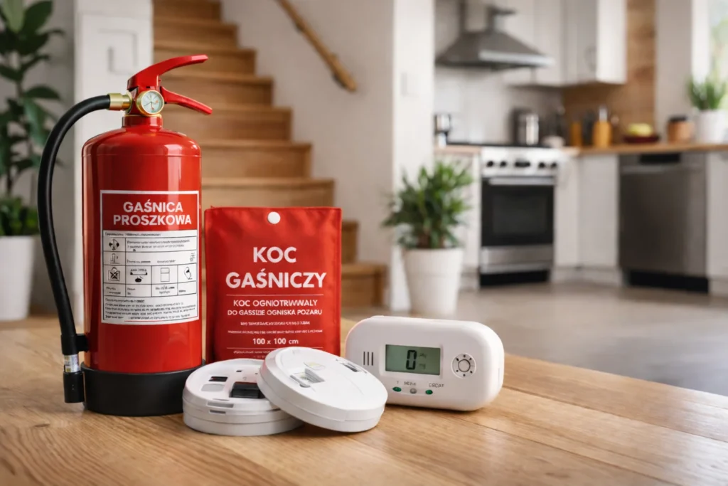 Zestaw zabezpieczeń przeciwpożarowych w domu jednorodzinnym: gaśnica, koc gaśniczy, czujki dymu i czujnik czadu
