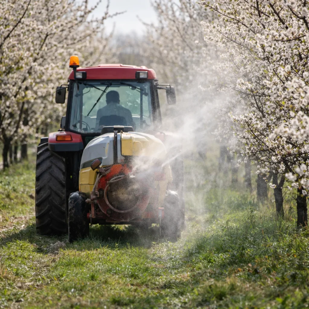 Ciągnik wykonujący wiosenny oprysk wiśni w sadzie między kwitnącymi drzewami