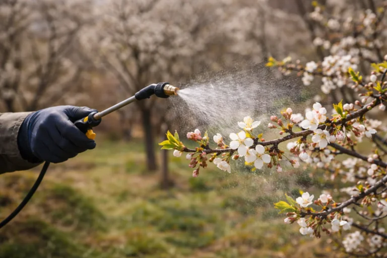 Ręka z opryskiwaczem wykonująca oprysk kwitnącej gałęzi wiśni wiosną