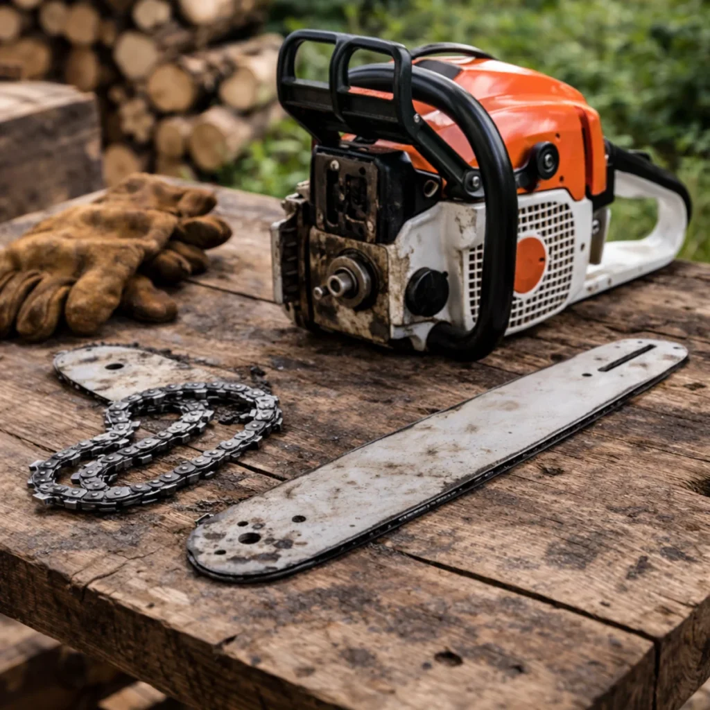 Piła łańcuchowa bez łańcucha na stole roboczym, obok zdjęty łańcuch i prowadnica