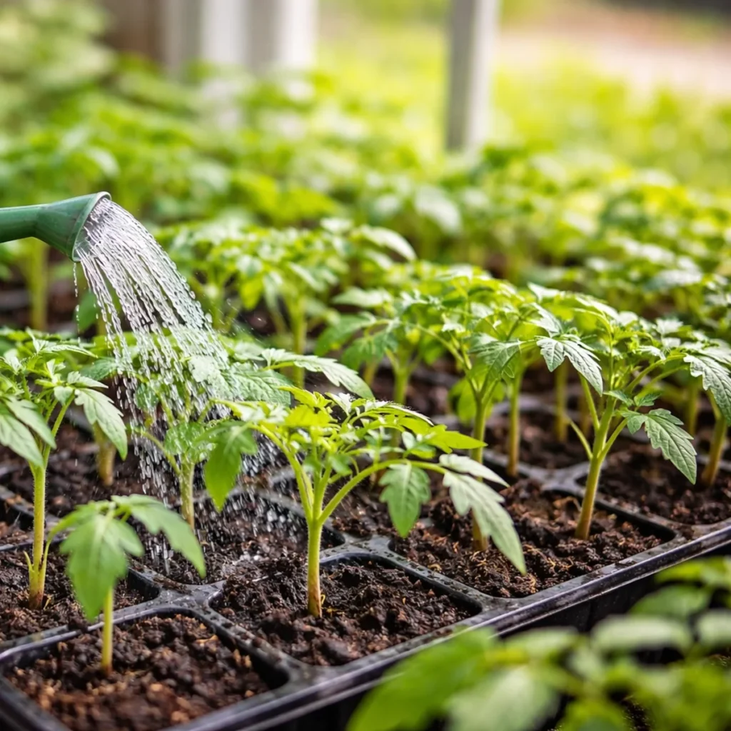 Podlewanie młodej rozsady pomidorów w multiplatach