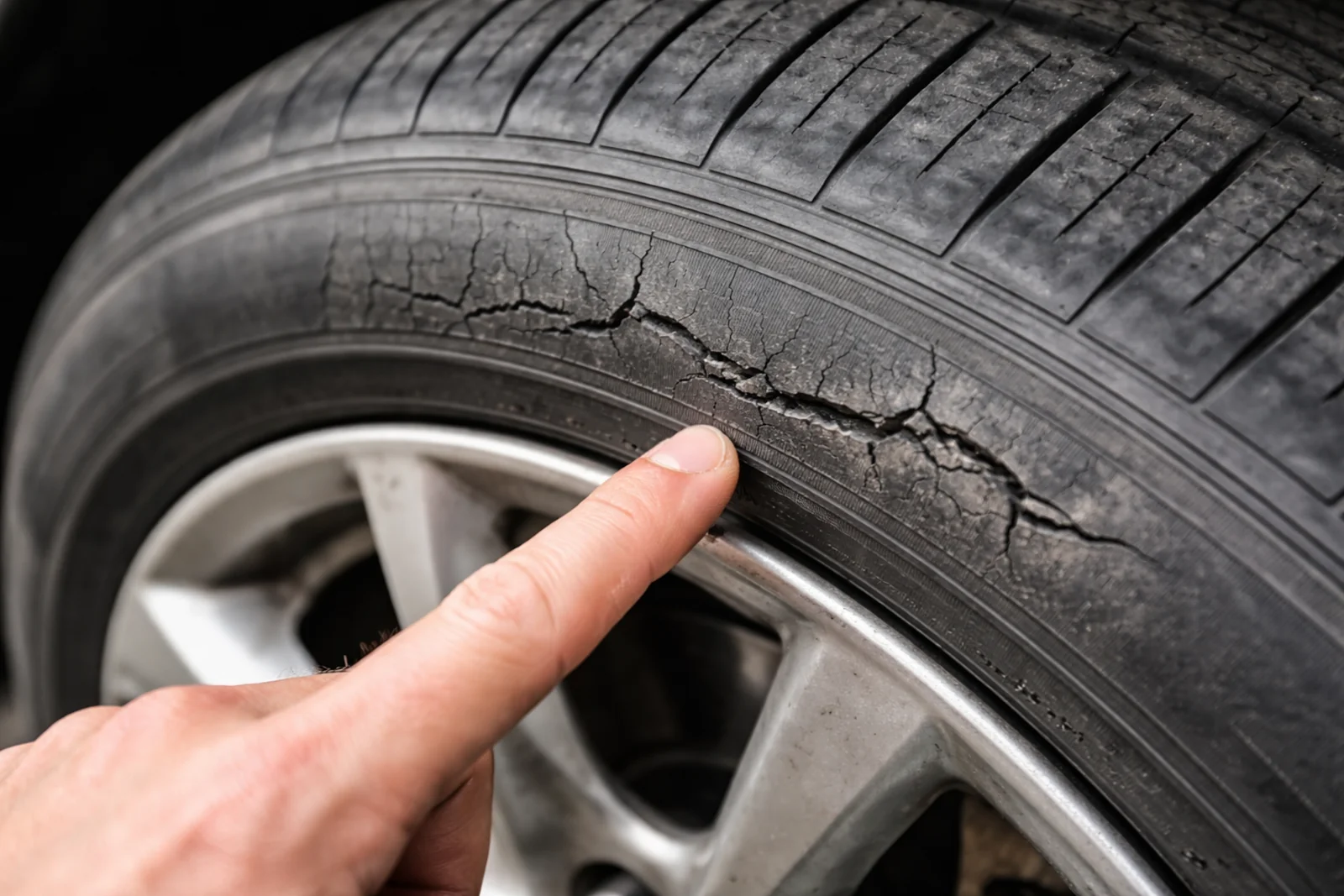 Popękana opona z boku na feldze aluminiowej – zbliżenie na uszkodzenie ściany bocznej