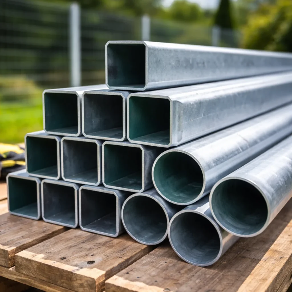 Zbliżenie na stalowy profil słupka ogrodzeniowego – ocynkowana stal na słupki ogrodzeniowe