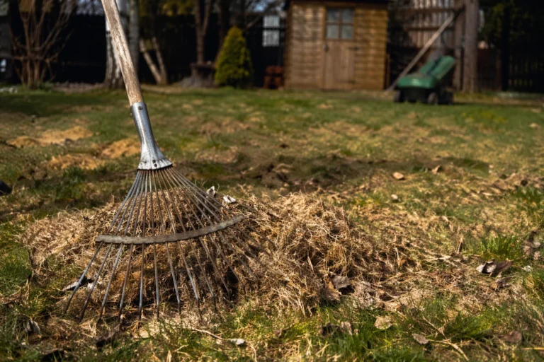 Przygotowanie trawnika po zimie – grabienie suchej trawy i filcu na przydomowym trawniku