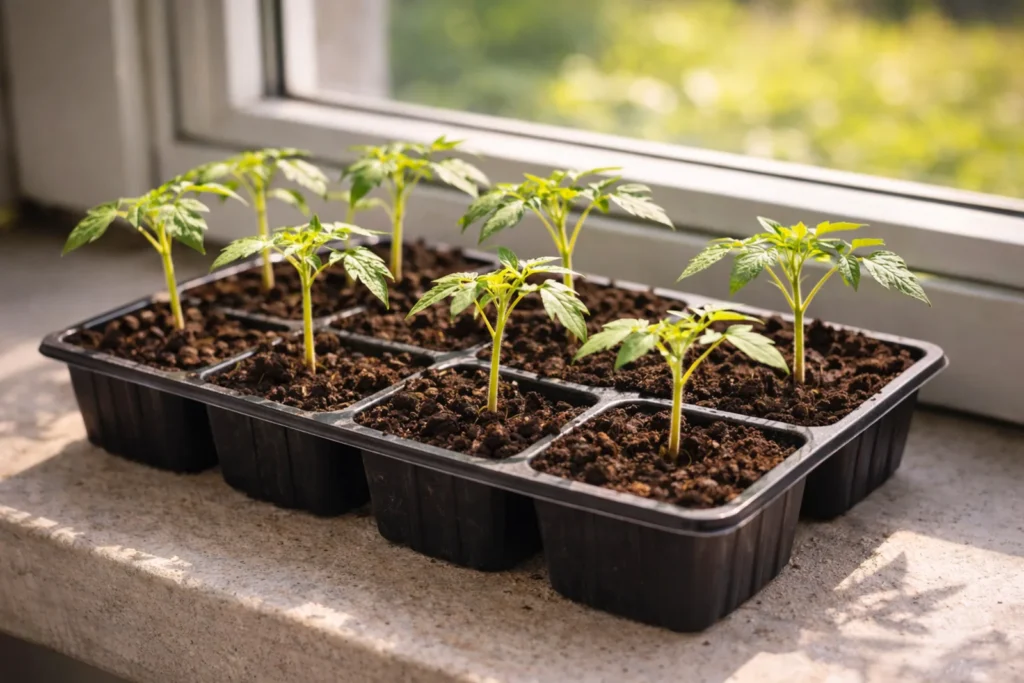 Rozsada pomidorów na słonecznym parapecie w domu