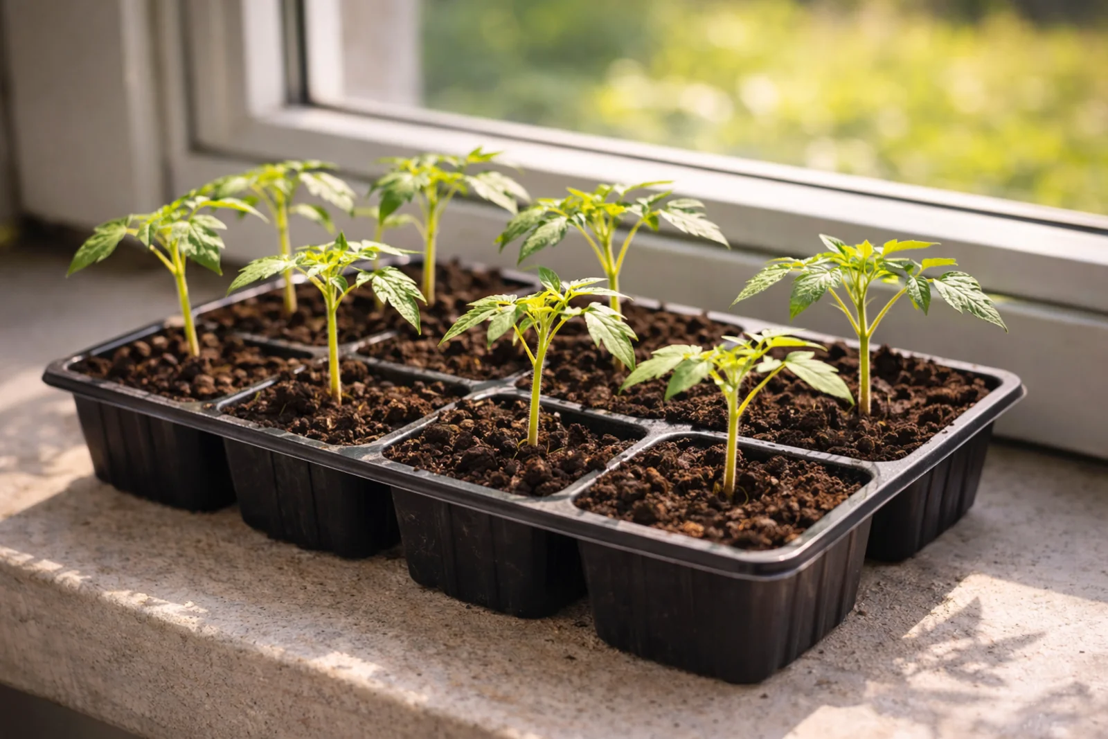 Rozsada pomidorów na słonecznym parapecie w domu