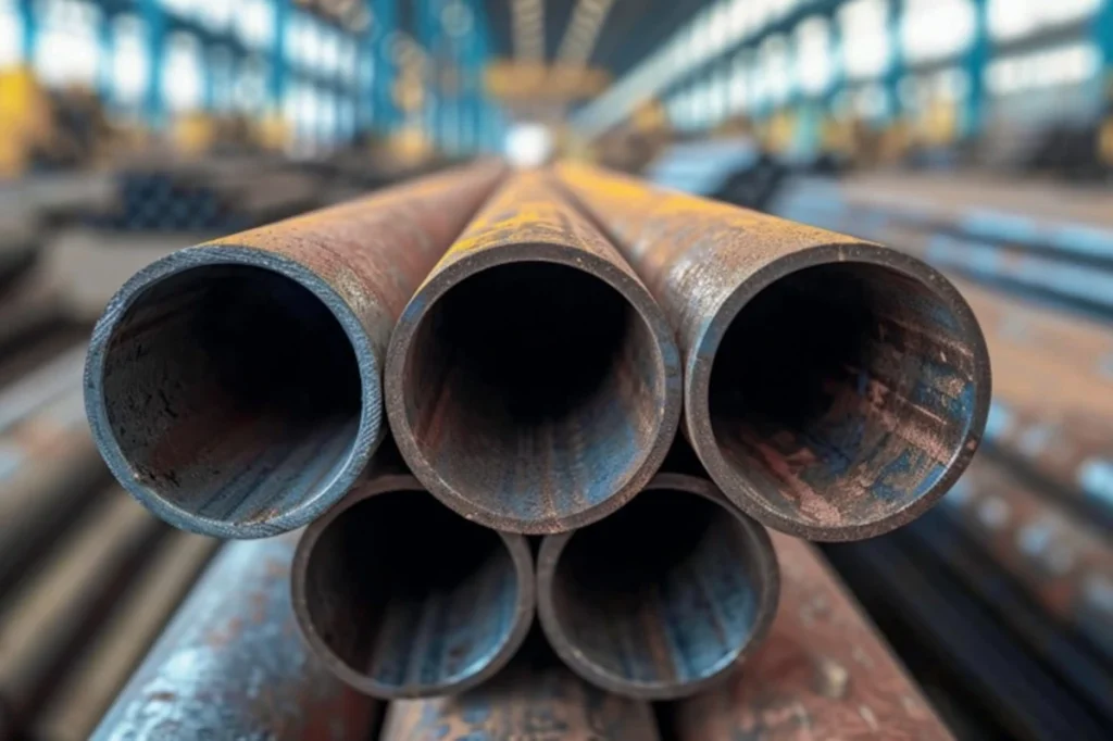 Zbliżenie na rury stalowe bezszwowe ułożone w hali przemysłowej