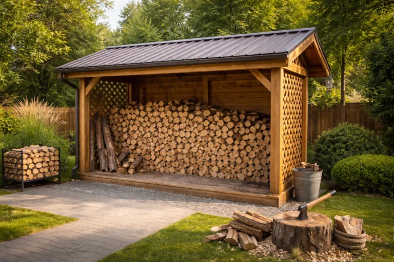 Wiata na drewno opałowe w ogrodzie z drewnianą konstrukcją, metalowym dachem i luźno ułożonym drewnem opałowym