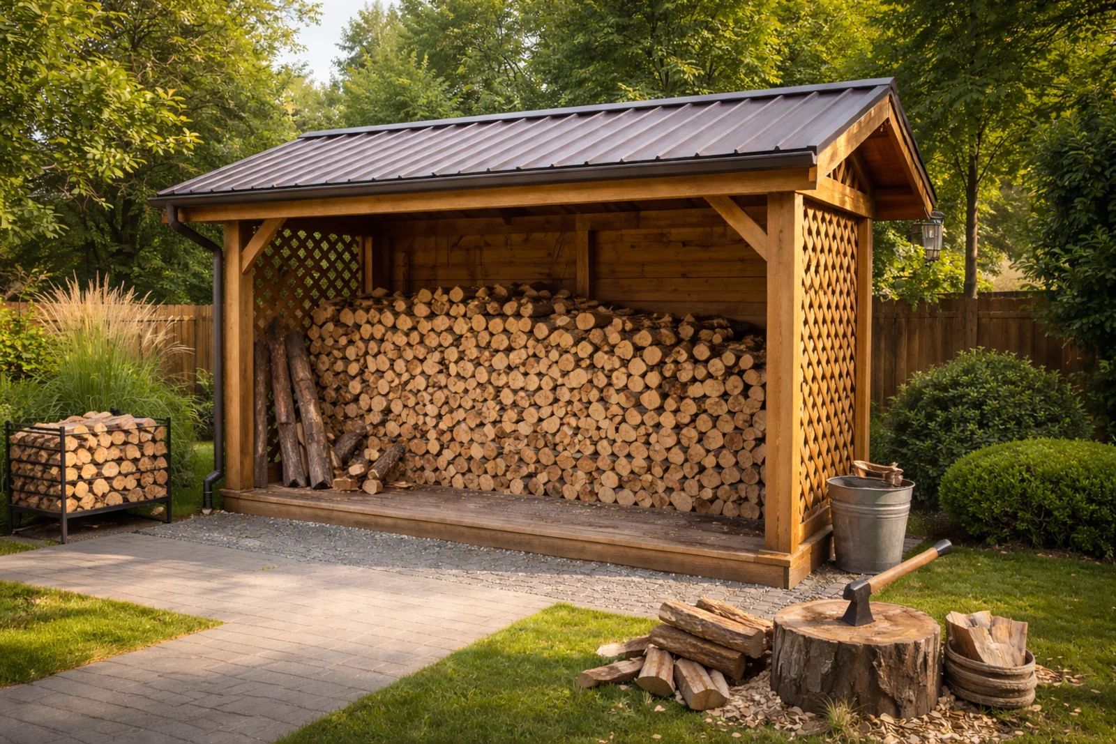 Wiata na drewno opałowe w ogrodzie z drewnianą konstrukcją, metalowym dachem i luźno ułożonym drewnem opałowym