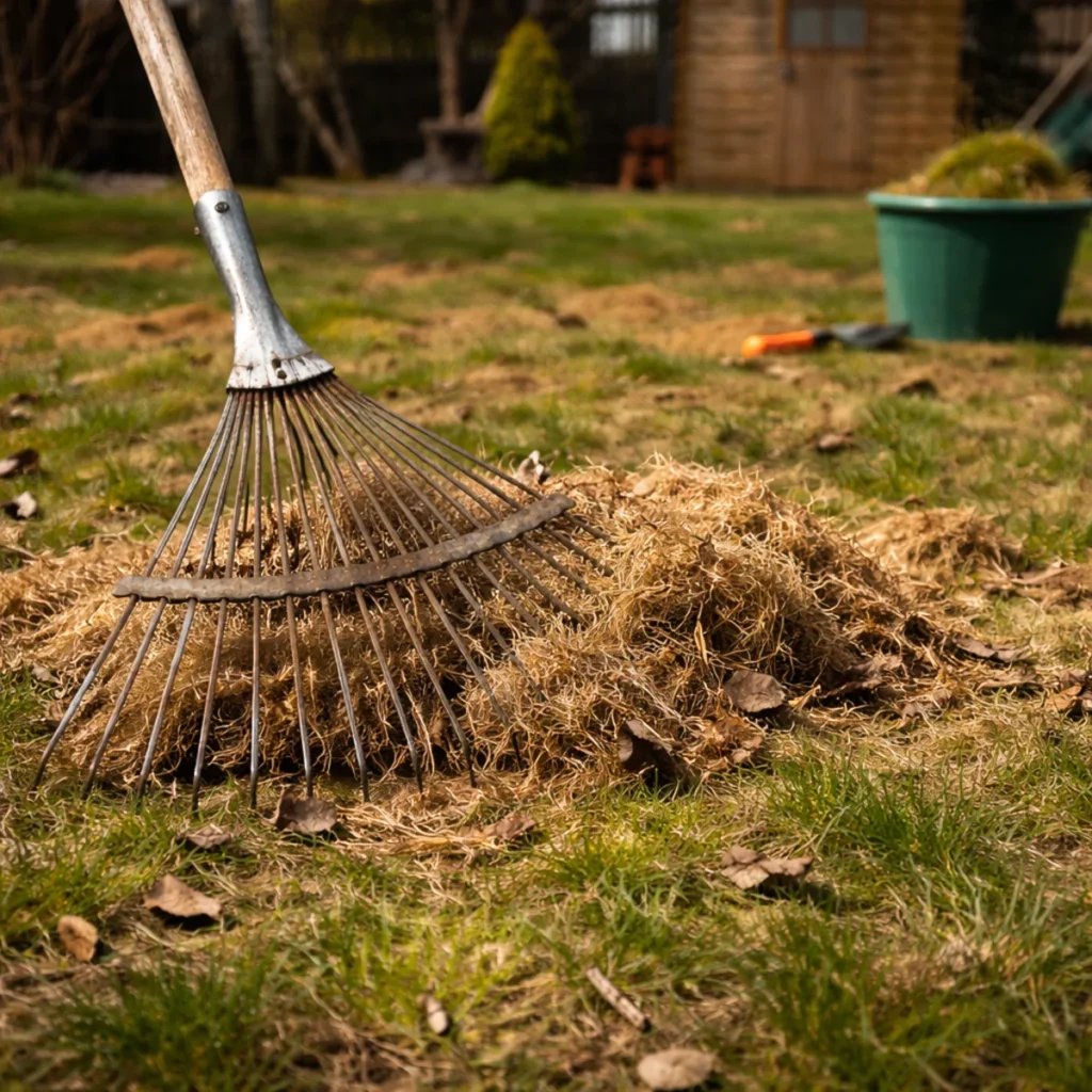 Zbliżenie na trawnik po zimie podczas usuwania suchej trawy i filcu