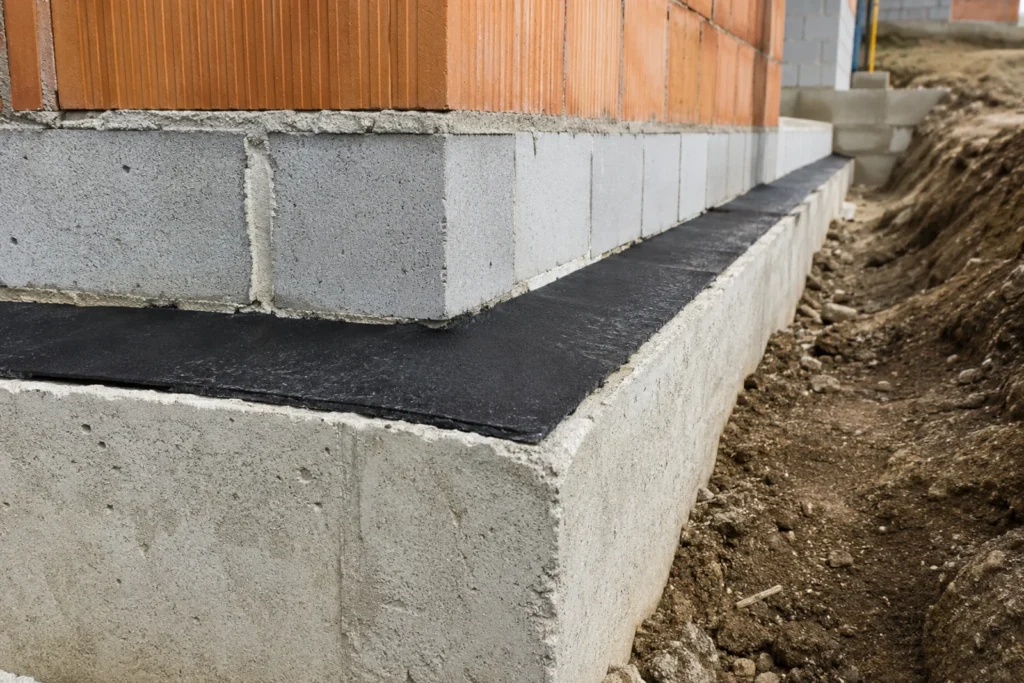 Izolacja pozioma fundamentów widoczna jako czarna warstwa hydroizolacji między betonem a ścianą z bloczków