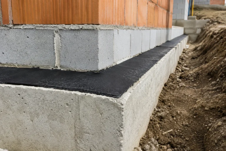 Izolacja pozioma fundamentów widoczna jako czarna warstwa hydroizolacji między betonem a ścianą z bloczków
