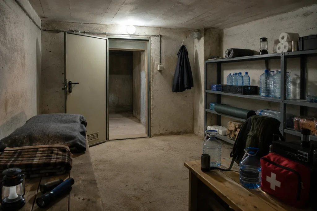 Piwniczne miejsce ukrycia na wypadek wojny z zapasami wody, apteczką, latarką i półkami awaryjnymi