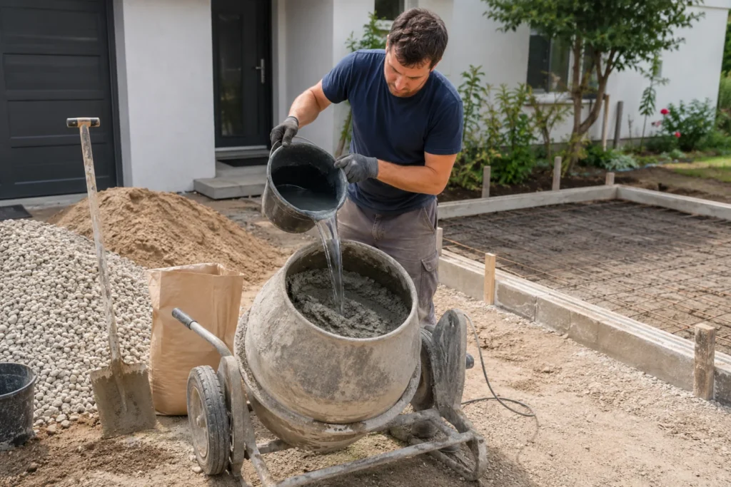 Rozrabianie betonu w betoniarce z dolewaniem wody do mieszanki