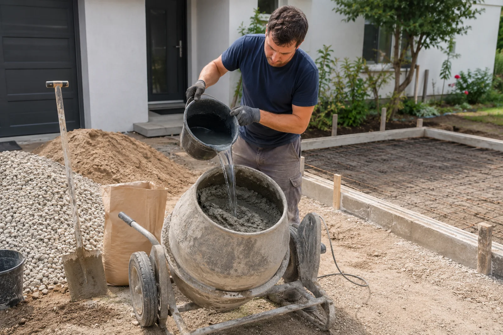 Rozrabianie betonu w betoniarce z dolewaniem wody do mieszanki