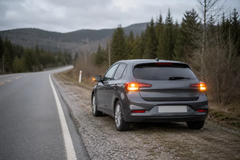 Auto stojące na poboczu drogi z włączonymi światłami awaryjnymi w górskim otoczeniu