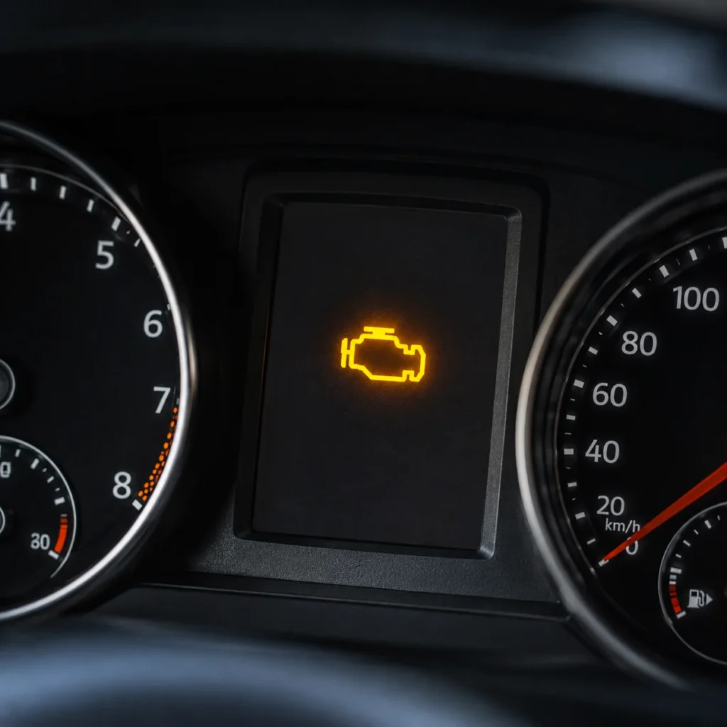 Widok z fotela kierowcy na deskę rozdzielczą samochodu z zapaloną kontrolką check engine podczas postoju przy drodze