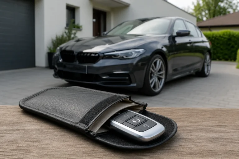 Kluczyk samochodowy w etui ochronnym przy aucie z systemem keyless go stojącym na podjeździe