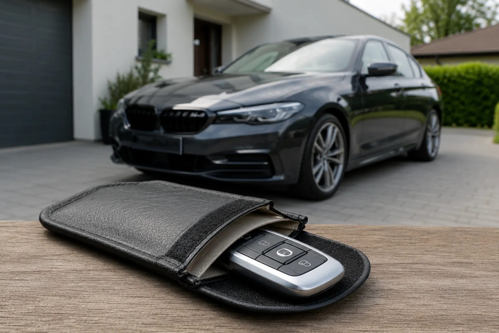 Kluczyk samochodowy w etui ochronnym przy aucie z systemem keyless go stojącym na podjeździe