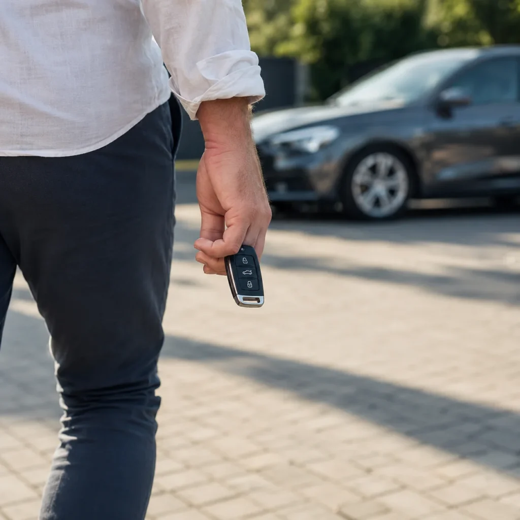 Mężczyzna trzymający kluczyk keyless go w ręce i idący w stronę samochodu