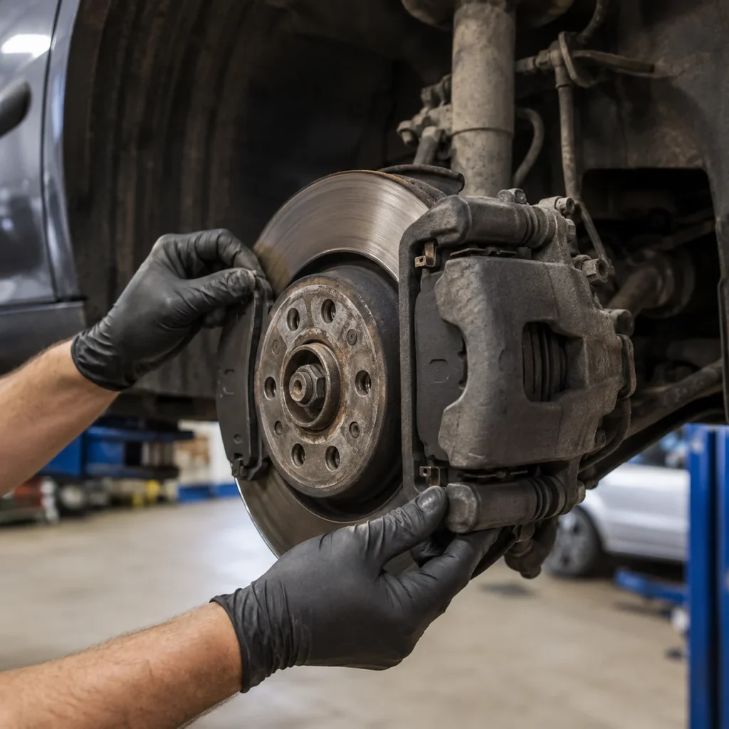 Mechanik sprawdza montaż klocków i zacisku hamulcowego przy zdjętym kole samochodu