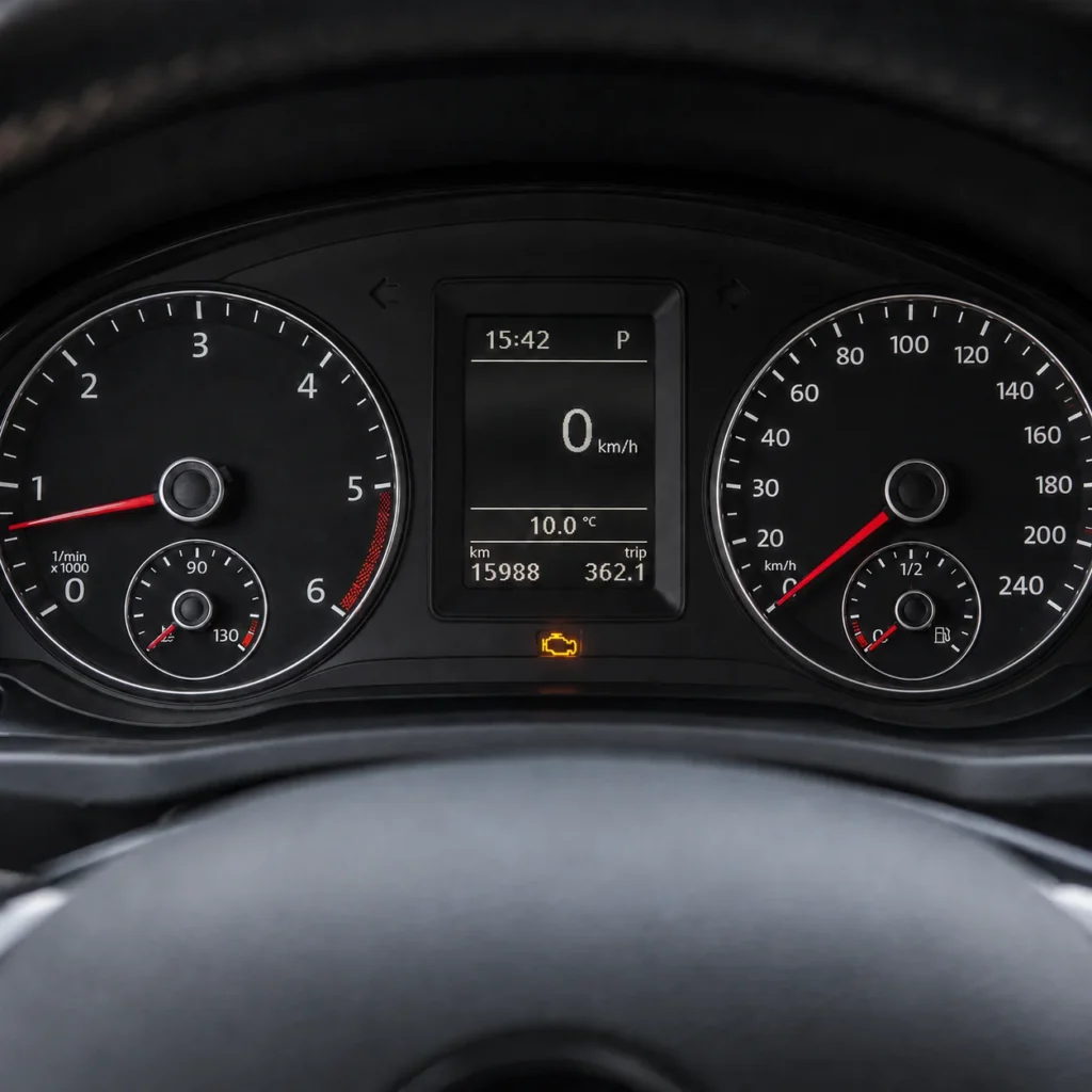 Realistyczny licznik samochodowy z prędkościomierzem do 240 km/h i zapaloną kontrolką check engine