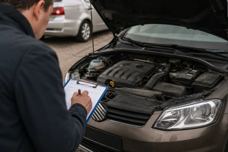 Mężczyzna sprawdza używane auto przed zakupem, ogląda komorę silnika i notuje uwagi na liście kontrolnej