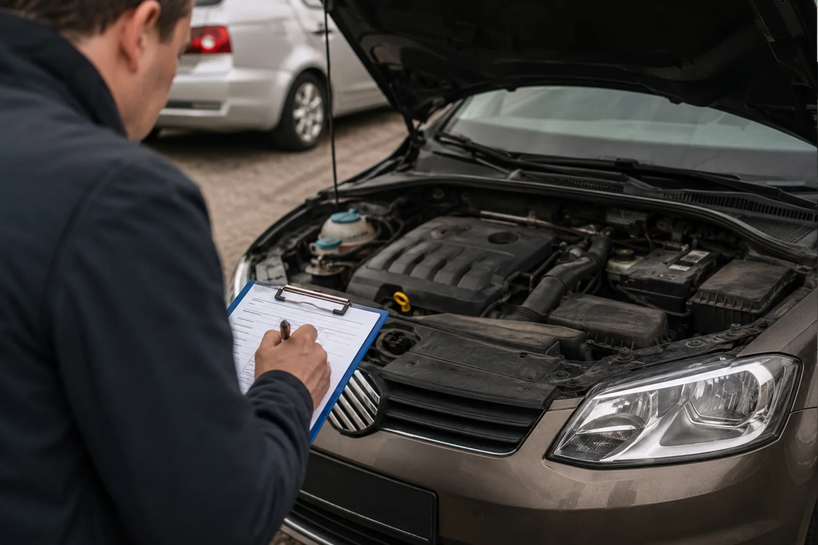 Mężczyzna sprawdza używane auto przed zakupem, ogląda komorę silnika i notuje uwagi na liście kontrolnej