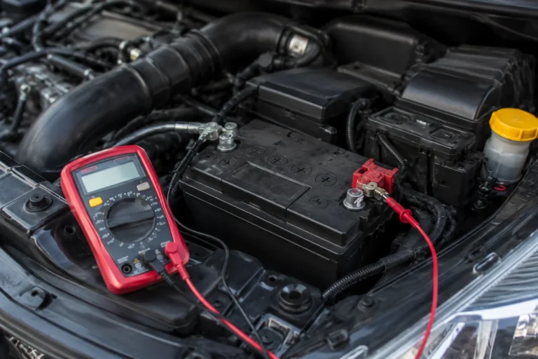 Pomiar instalacji elektrycznej samochodu multimetrem przy akumulatorze