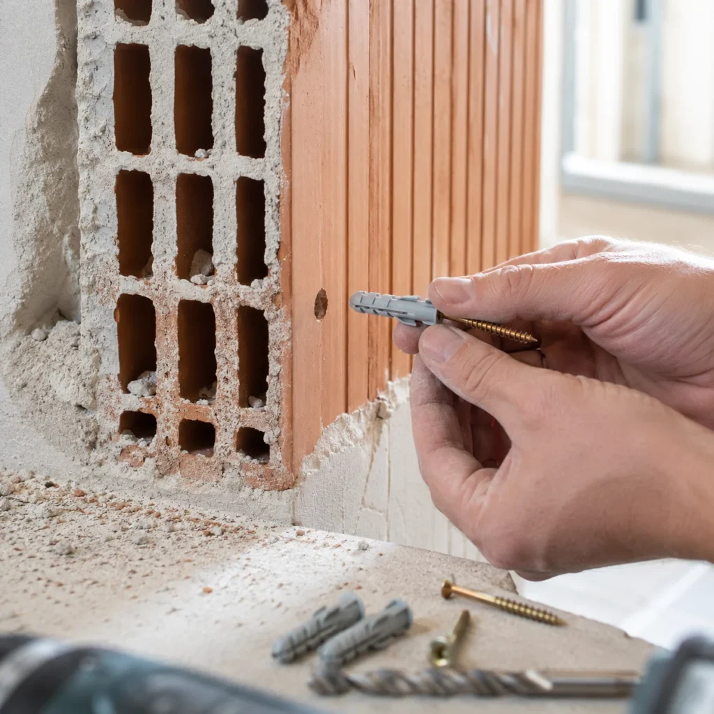 Kołek z wkrętem przygotowany do osadzenia w pustaku ceramicznym