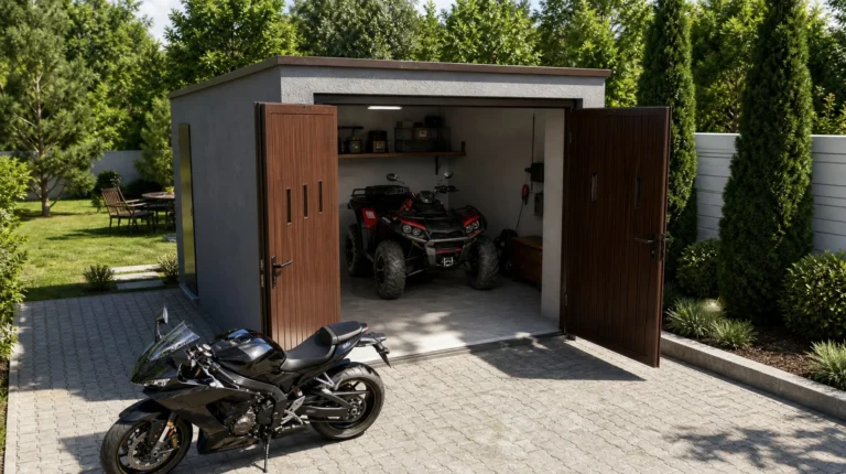 Garaż betonowy na motocykl i quada z miejscem na niewielki warsztat