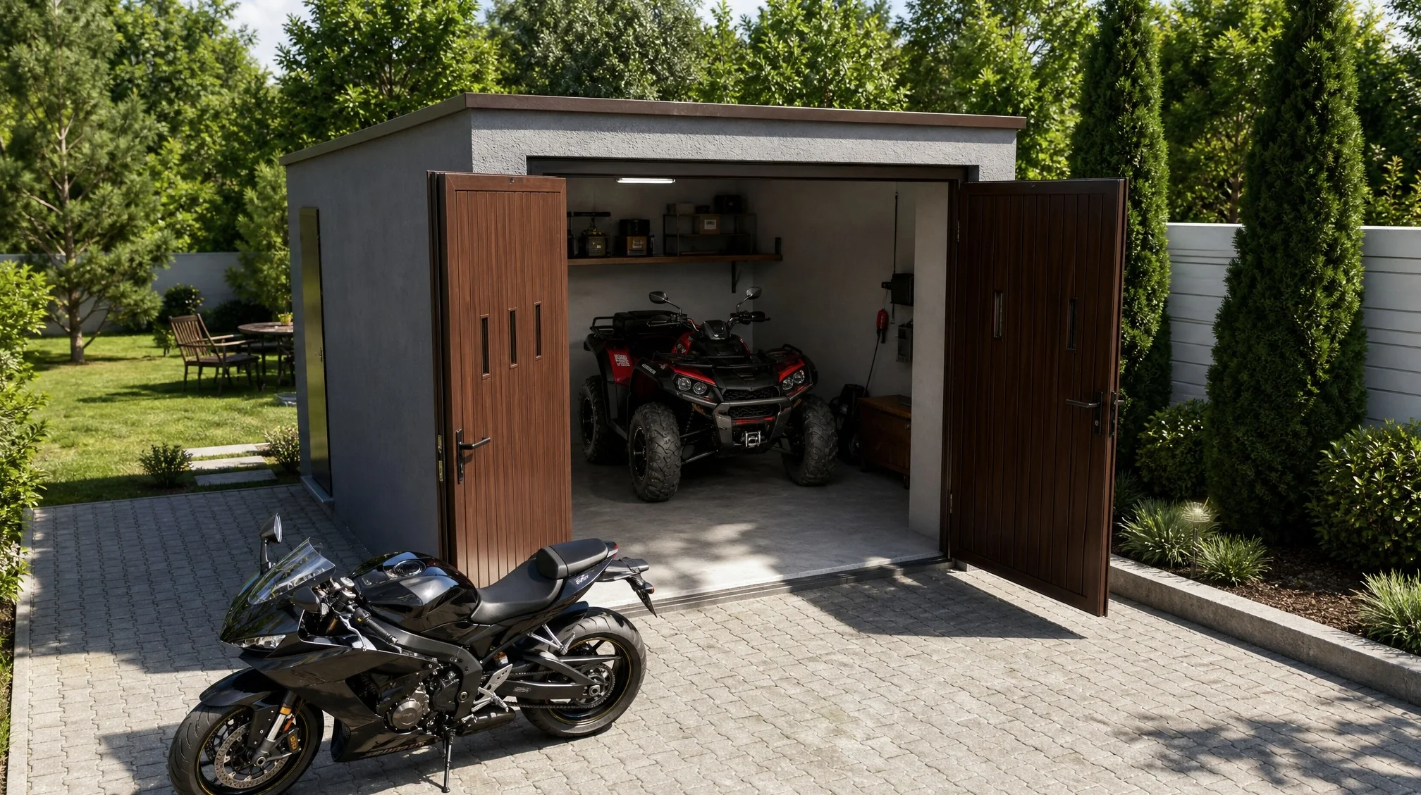 Garaż betonowy na motocykl i quada z miejscem na niewielki warsztat