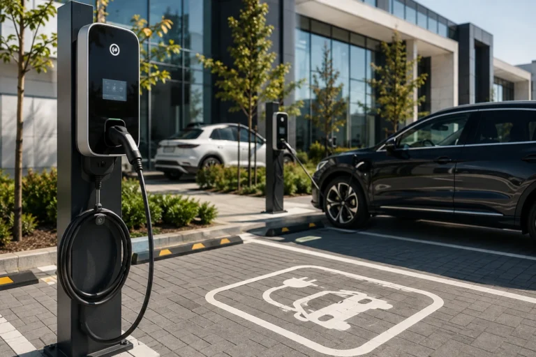 Stacje ładowania samochodów elektrycznych na parkingu przed budynkiem firmowym