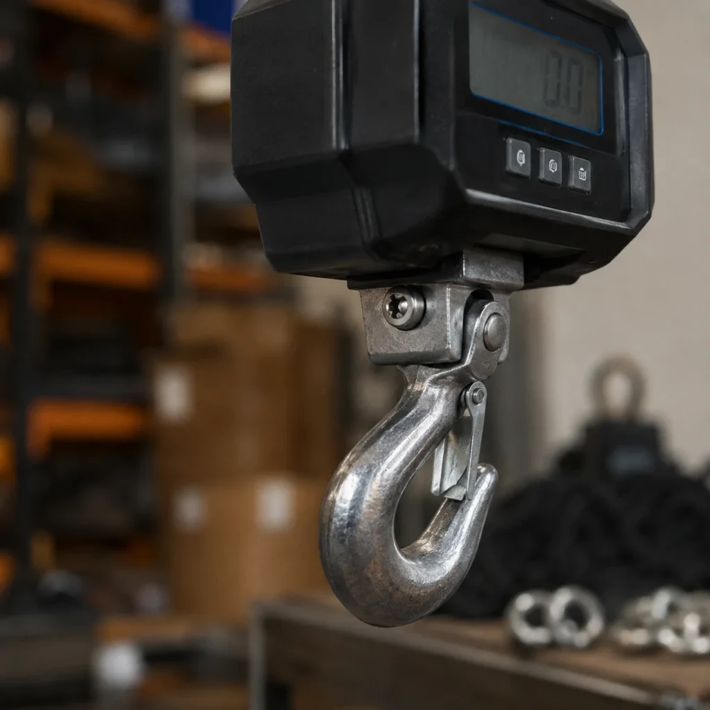 Metalowy hak elektronicznej wagi hakowej – zbliżenie