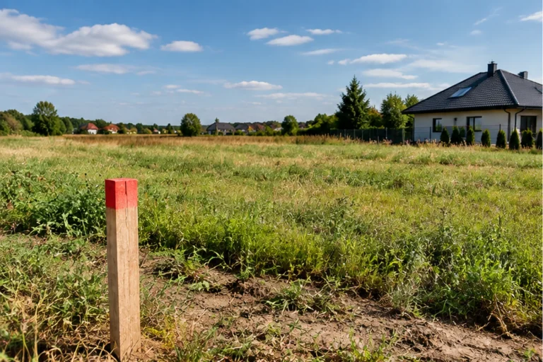 Działka rolna na obrzeżach miejscowości z palikiem geodezyjnym i domami w tle