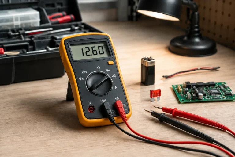 Cyfrowy multimetr z przewodami, baterią, bezpiecznikiem i płytką elektroniczną na stole