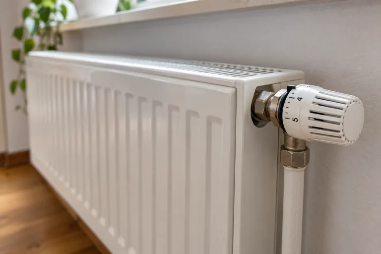 Biały grzejnik płytowy z głowicą termostatyczną zamontowany pod parapetem.