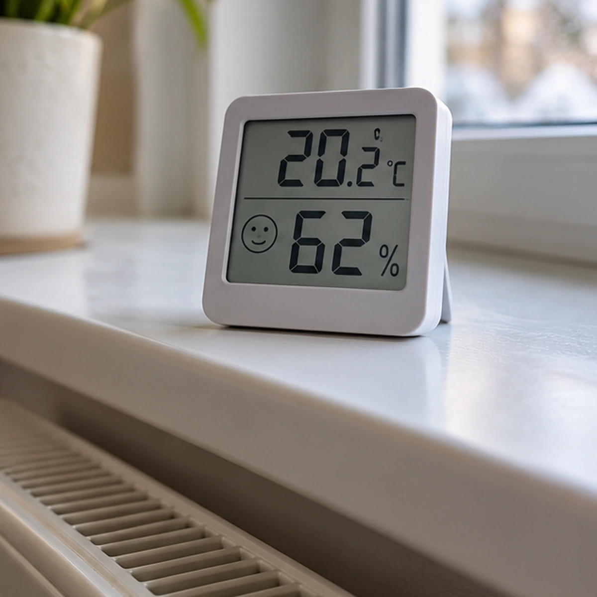 Cyfrowy higrometr na parapecie przy oknie wskazujący temperaturę 20,2°C i wilgotność 62%.