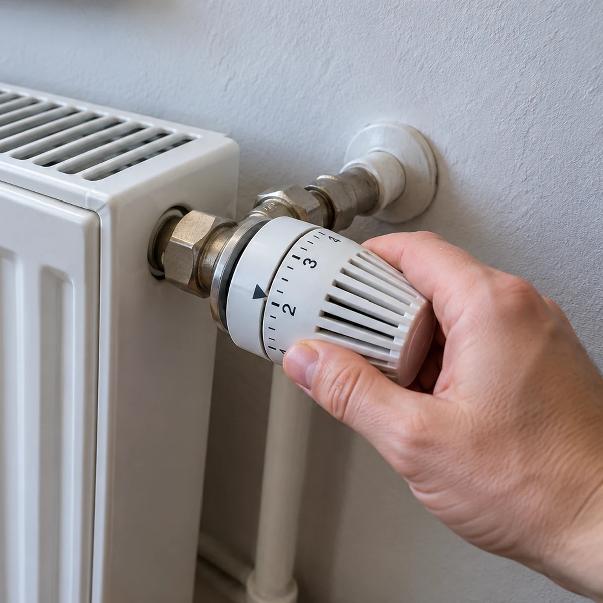 Dłoń obracająca głowicę termostatyczną przy białym grzejniku płytowym.